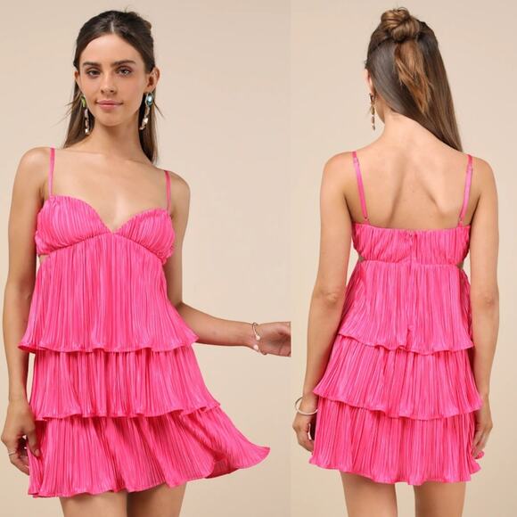 NWT Lulus Sleek Dedication Hot Pink Satin Plisse Cutout Tiered Mini Dress Sz XL - Picture 1 of 8